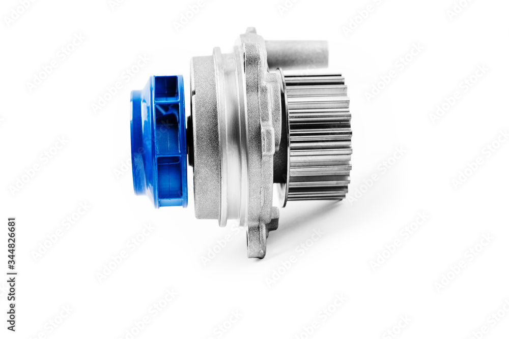 New metal automobile pump for cooling an engine water pump on a white background. The concept of new spare parts for the car engine New metal automobile pump for cooling an engine water pump on a white background. The concept of new spare parts for the car engine