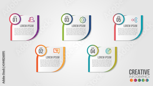Business Infographic timeline design template with icons and 5 numbers options or steps. Can be used for process presentations, workflow layout, diagram, banner, flow chart, info graph.