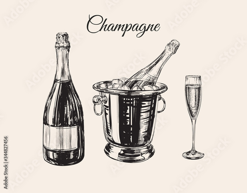 Champagne Glass Bottle Bucket Hand Drawing Vector Illustration Bubbles. Alcoholic Drink.