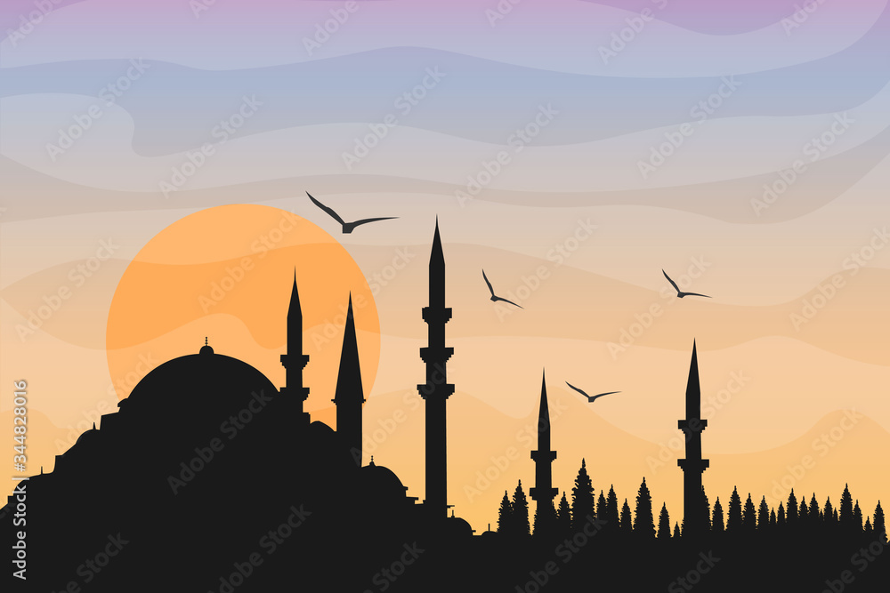 Mosque silhouette. Sunset and seagulls. Vector drawing.