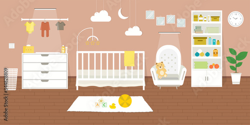 Cozy Nursery interior, baby room, flat style vector illustration template