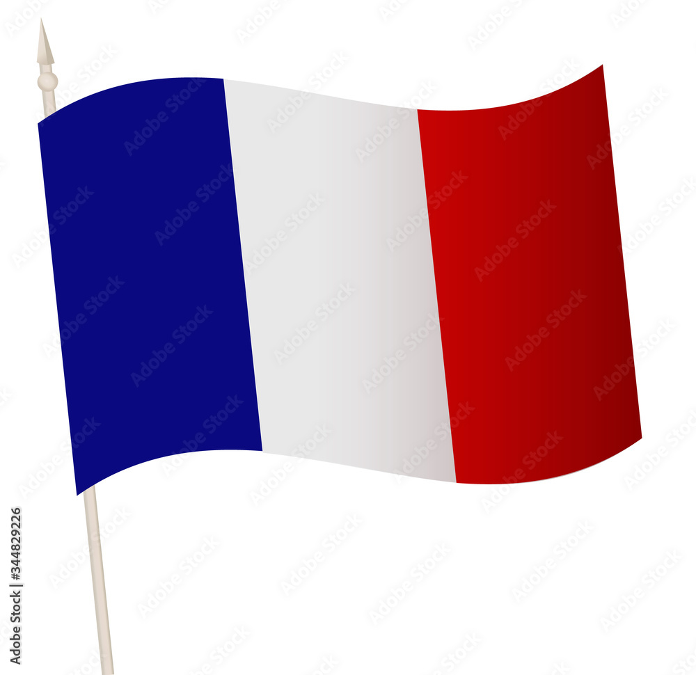 Vector Waving flag on a flagpole. The national flag of France. Color symbol isolated on white. Vector Waving flag on a flagpole. The national flag of France. Color symbol isolated on white.
