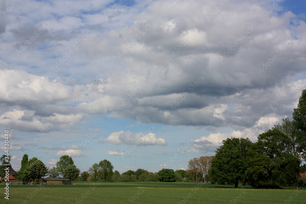 Wolkenbildung mit blauen Himmel, Feld und Bäumen