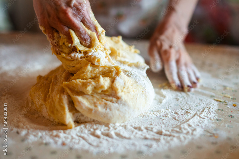 Fototapeta premium Mother preparing bread and pasta in traditional way. Mother's day concept
