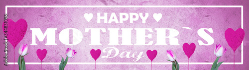 Happy Mother`s Day Background banner panorama - White lettering and rectangle frame isolated on rustic grunge abstract pink paper concrete stone texture, with balloon hearts and tulips