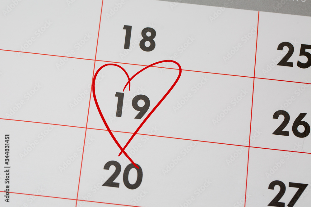 19th Date of the Month marked in red marker pen on a simple planner calendar 19th Date of the Month marked in red marker pen on a simple planner calendar