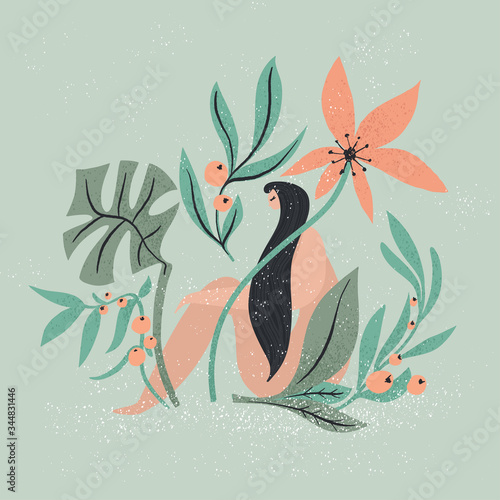 Woman sitting surrounded green plants. Naked body. Vector illustration