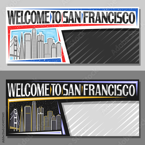 Vector layouts for San Francisco with copy space, voucher with line illustration of san francisco city scape on day and dusk sky background, design tourist coupon with words welcome to san francisco.
