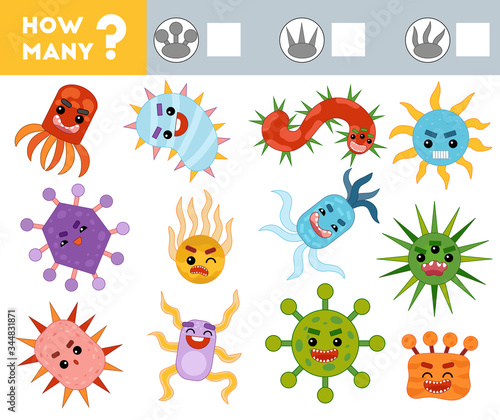 Counting Game for Preschool Children. Educational a mathematical game. Count how many characters and write the result!