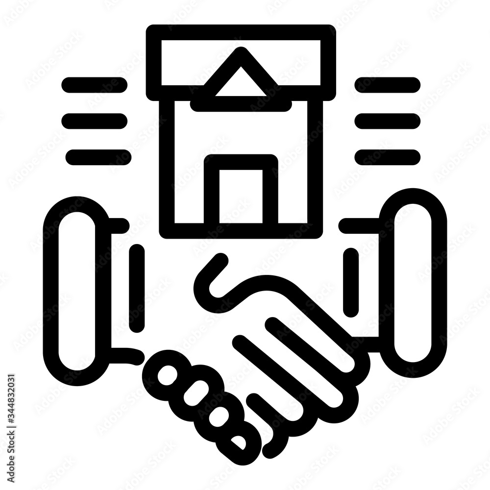 Handshake and residence icon. Outline handshake and residence vector icon for web design isolated on white background Handshake and residence icon. Outline handshake and residence vector icon for web design isolated on white background