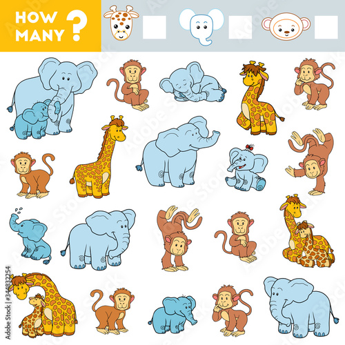 Counting Game for Preschool Children. Educational a mathematical game. Count how many animals and write the result!
