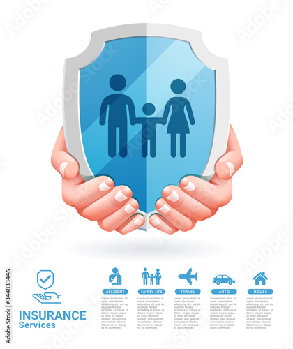 Insurance services conceptual two hands with shield vector illustrations.