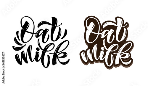 Oat milk - cute hand drawn doodle lettering label for packing, poster. Vegan milk, eco drink. 