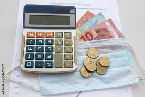 Blue surgical protective face mask with calculator, coin and euro money on white backgroud.