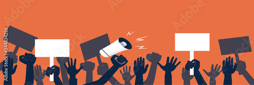 Crowd of protesters people. Silhouettes of people with banners and megaphones. Concept of revolution or protest. Vector