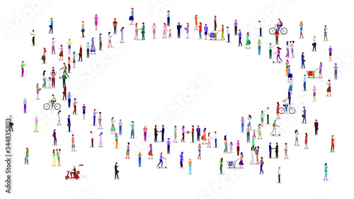 A large group of people stand together in the shape of chat bubble. Vector illustration.