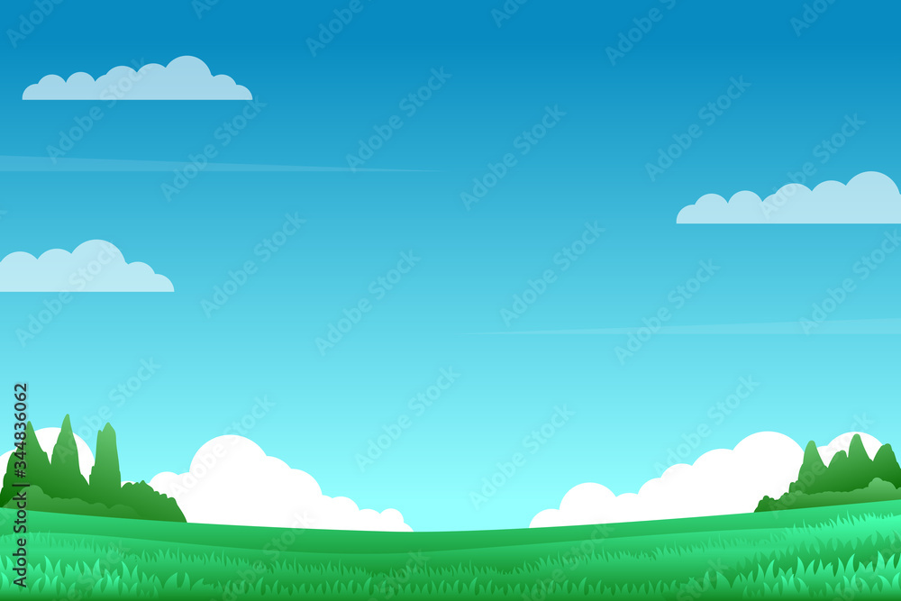 Field landscape vector illustration with green grass and blue sky suitable for background 