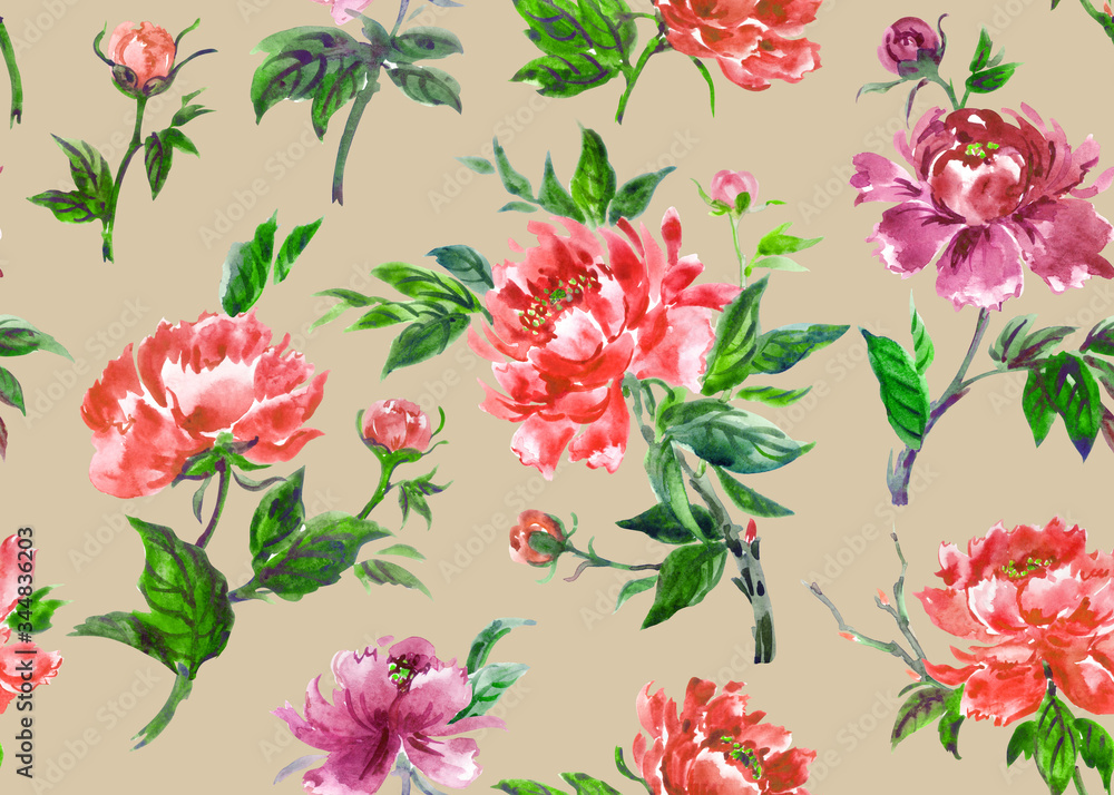 Seamless pattern of red Chinese peonies on a beige background, watercolor illustration. Floral print for fabric and other designs.