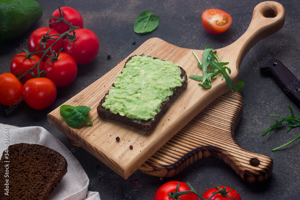 Avocado toast on whole grain sandwich bread. Mashed avocado toasts. Healthy eating, dieting, vegan vegetarian food
