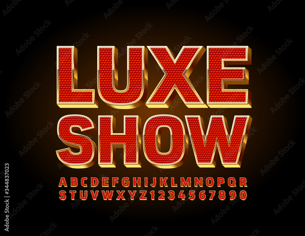 Vector chic Luxe Show poster with Gold and Red Font. 3D premium Alphabet Letters and Numbers.