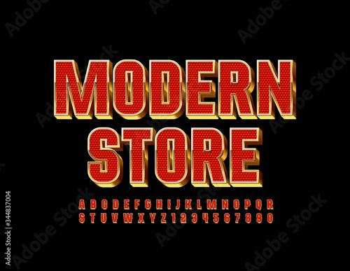 Vector luxury emblem Modern Store. 3D Red and Golden Font. Premium Alphabet Letters and Numbers