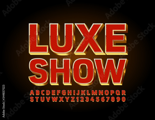 Vector chic Luxe Show poster with Gold and Red Font. 3D premium Alphabet Letters and Numbers.