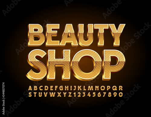 Vector Gold sign Beauty Shop with 3D shiny Font. Luxury textured Alphabet Letters and Numbers