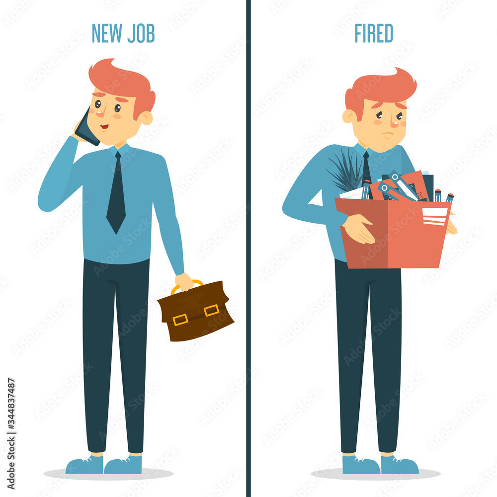 New job vs fired concept. Happy and sad man