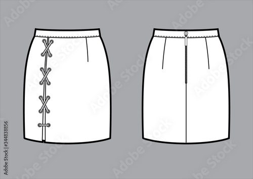 Classic mini pencil skirt with lacing, back zip clasp. Back and front.