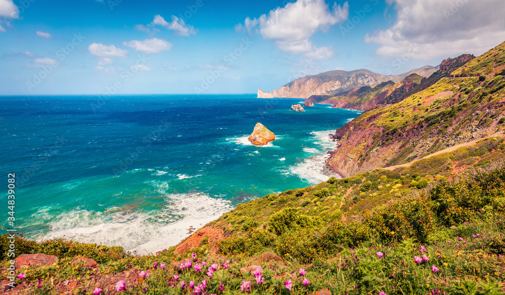 Obraz premium Marvelous summer view of popular tourist destination - Concali Su Terrainu. Wonderful morning scene of Sardinia island, Italy, Europe. Sunny seascape of Mediterranean sea.