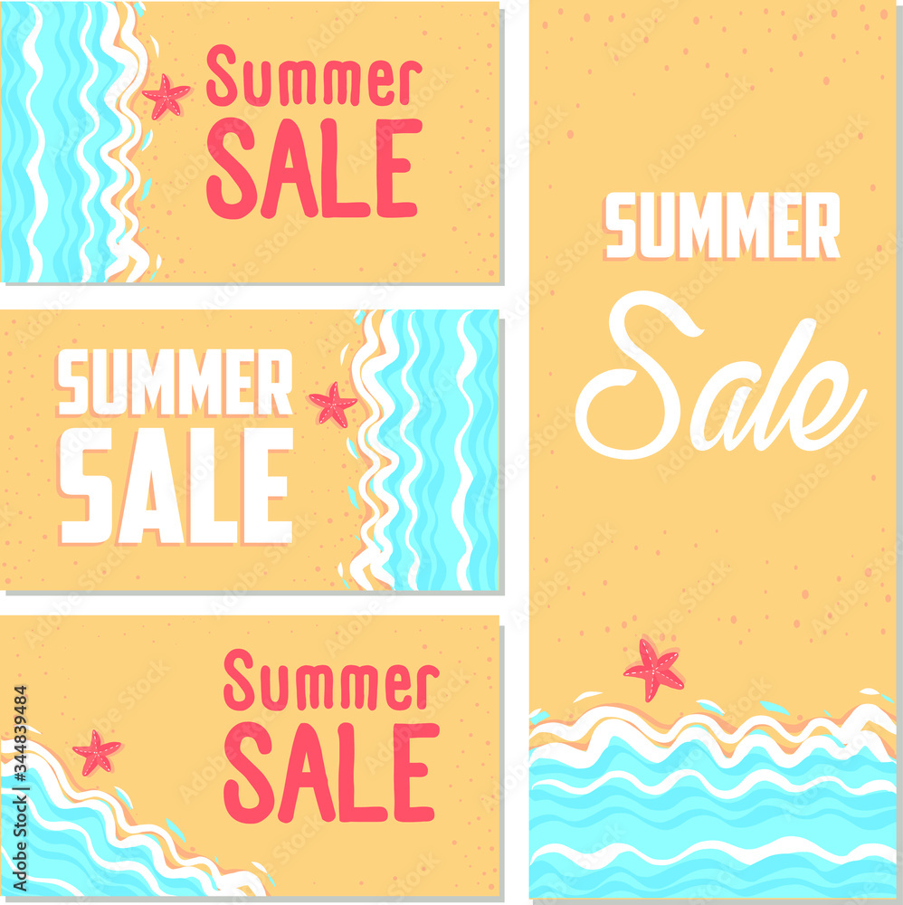 vector illustration, poster for summer promotions and discounts. Seascape with the sun and the ship on the waves. stylish business solution, starfish in the sand