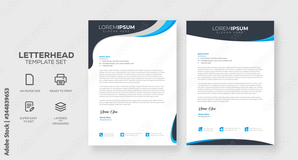 Letterhead design template business style corporate identity elegant simple cool blue print design set bundle collection