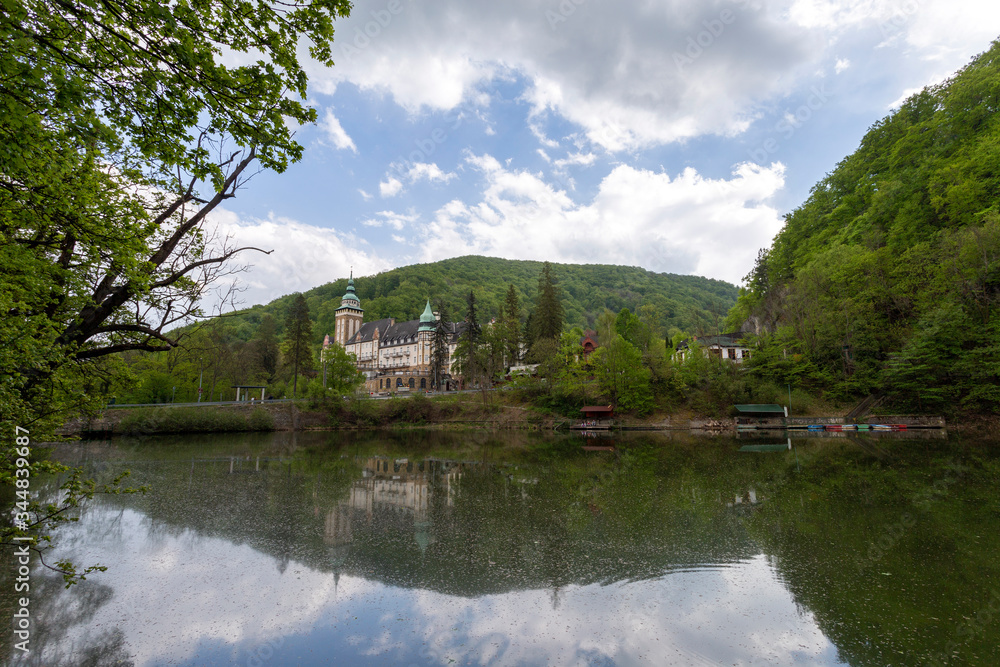 Lake Hamori with the Lilafured palace and Bukk mountains in the background