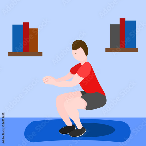 Man is doing exercises at home. Fitness, squatting. Boy in red shirt and black shorts. Work out, training, slimming, weight loss concept, healthy lifestyle. Vector illustration in cartoon flat style
