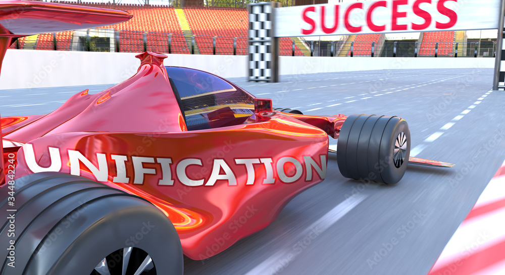 Unification and success - pictured as word Unification and a f1 car, to symbolize that Unification can help achieving success and prosperity in life and business, 3d illustration