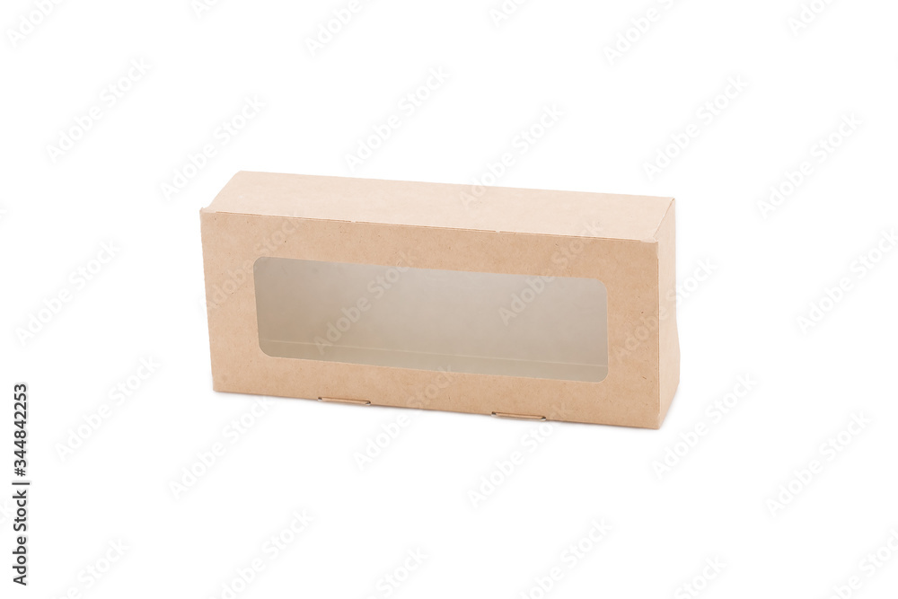 Craft paper disposable box with window. Disposable biodegradable takeaway kraft paper fast food container isolated on white background Craft paper disposable box with window. Disposable biodegradable takeaway kraft paper fast food container isolated on white background