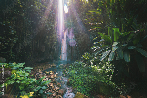 tropical diamond waterfall on caribbean island with sunlight, St. Lucia