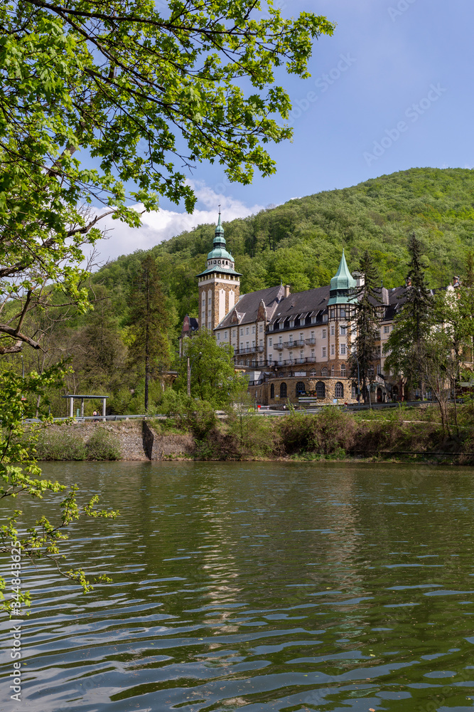 Lake Hamori with the Lilafured palace and Bukk mountains in the background Lake Hamori with the Lilafured palace and Bukk mountains in the background
