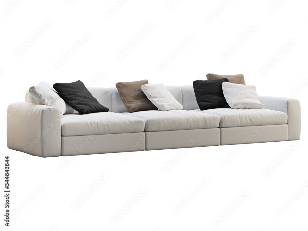 Obraz premium Modern modular white fabric sofa with colored pillows. 3d render.