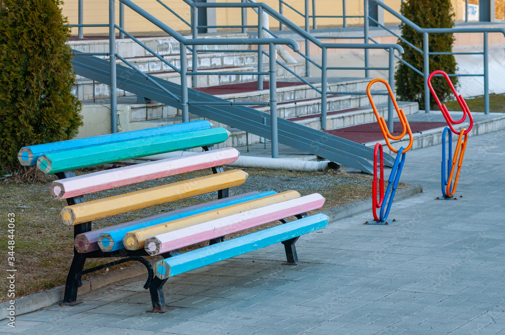 bench with slats in the shape of colorful pencils
