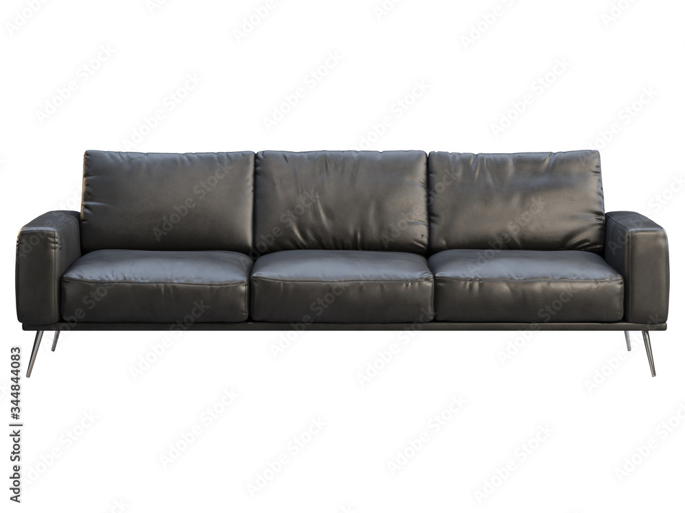 Fototapeta premium Modern black leather three-seat sofa with metal legs. 3d render.