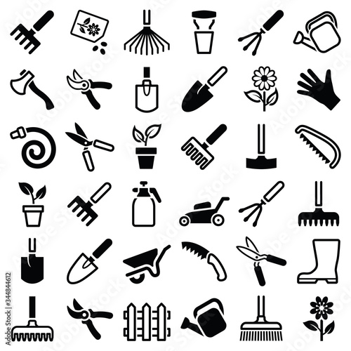 Garden tool icon collection - vector outline and silhouette illustration