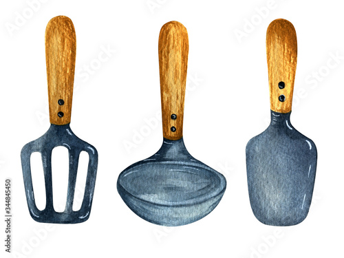 hand drawn watercolor crockery set of cooker, slotted spoon, shovel for frying pan on a white background.