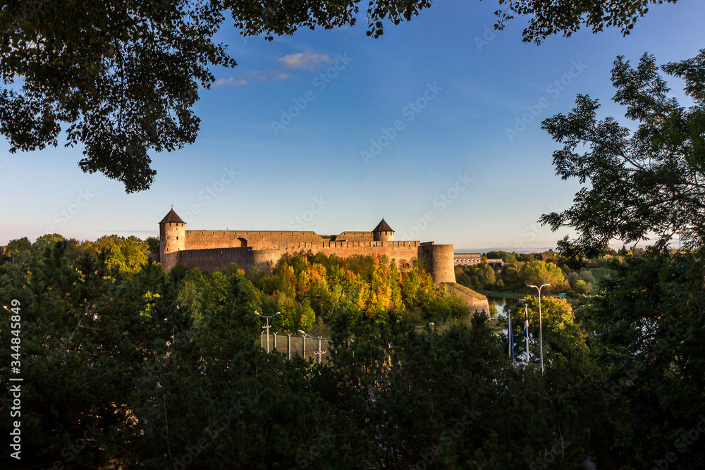 Russia, Ivangorod. Panoramic view of the Ivangorod fortress on the border of Russia and Estonia on the banks of the Narva River