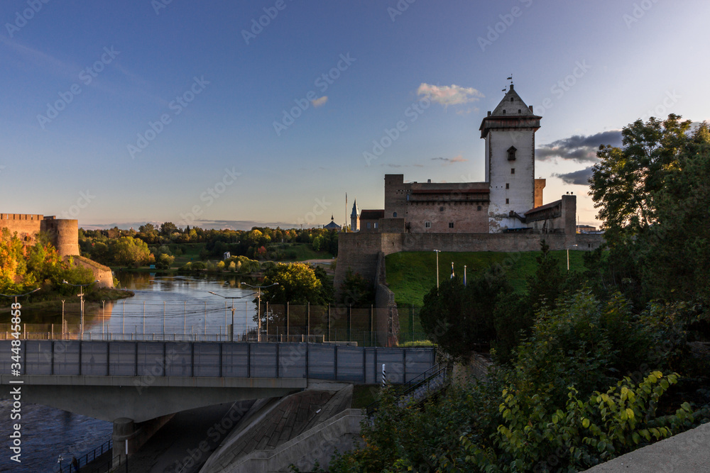 Estonia, Narva. Majestic medieval castle on the banks of the river. Border control for travelers. Customs Tourism