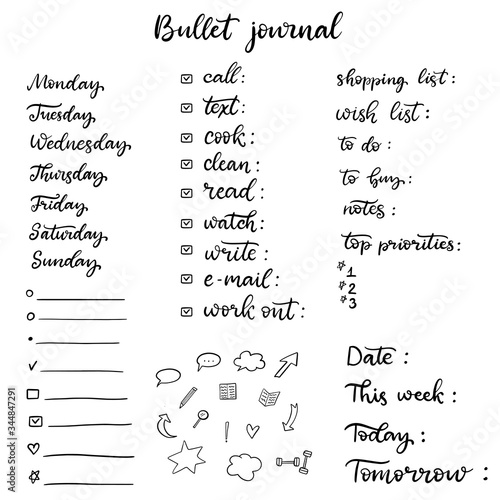 Hand drawn doodle set for Bullet journal vector illustration. Lettering and elements for notebook, diary, planner. Days of week, notes, wish, to do and bucket list. Check boxes with lines.