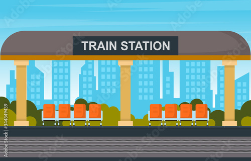 Fototapeta Naklejka Na Ścianę i Meble -  Railway Public Transport Commuter Metro Train Station Flat Illustration