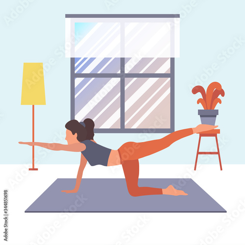 A girl is doing sport at home, pumps up the press, and ass by exercise. Vector flat illustration of fitness workout, training, sports activity, the gym at home in quarantine