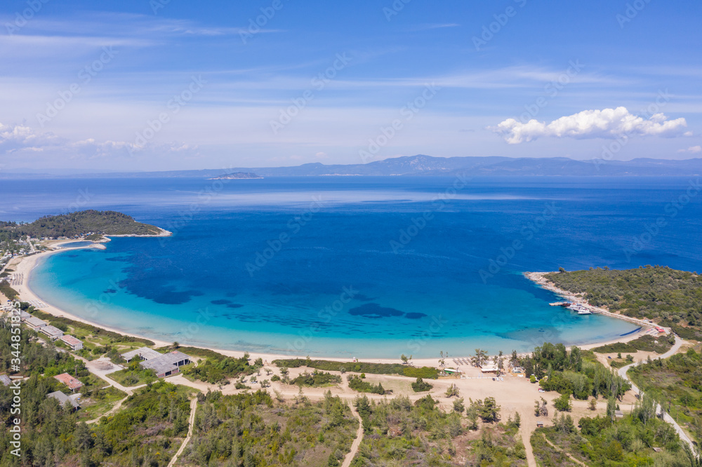 Aerial drone view of Paliouri Beach in Kassandra Sithonia penisula  Chalkidiki Greece