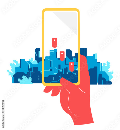 Geo localizzazione. La mano tiene il cellulare che mostra i luoghi per orientarsi